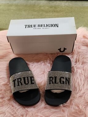 True Religion Black Slide Sandals with Crystal-Embellished Strap